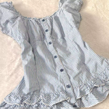 Ifomt Sweet T-shirt Stripe Y2k Slim Goth Punk Vintage Crop Top O-Neck Button Harajuku Korea Sexy Backless 2000s Fashion Grunge Emo Tee