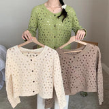 Ifomt Long Sleeve Crochet Top for Women Sheer Button Up Hollow Out Openwork Knit Cardigan Jacket Spring Summer Boho Vacation Outfit Casual Outfit