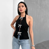 IFOMT Sexy Jewelry Bow Cut Out Lace Up Crop Top Womens Sleeveless Strapless Hot Girl Club Party Top Slim Solid  Navel Short TopChristmas Gifts