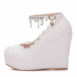 IFOMT  Crystal Queen White Wedges Wedding Pumps Sweet White Flower Lace Pearl Platform Pump Shoes Classic Bride Dress High Heeled Lady