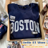 Ifomt BOSTON Letter Patch Embroidery Winter Sweatshirt Round Neck Retro Y2K Autumn Pullovers Top Harajuku Streetwear Navy Blue Hoodie