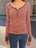 Ifomt Sweet Pink Brown Striped Long Sleeve T-shirt Women Six Buttons O-Neck Cotton Slim Tee Preppy Style Cute Vintage Tshirt Y2k Tops