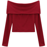 IFOMT Sexy Tops Off Shoulder Long Sleeve Crop Top Women's Autumn/Winter 2024 New Spicy Girl Slim Fit Short Red T-shirt