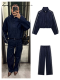 Ifomt Street Denim Stripe Pants Set Women Long Sleeve Stand Collar Pocket Zipper Jacket Suit 2025 Straight Lace Up Casual Jeans Sets