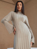 IFOMT Fall Winter New Knitted Dress Female Casual Big Striped High Collar Sweater Long Dress Elegant Flare Sleeve Party Dresses