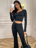 IFOMT Casual Winter Outfits V Neck Knit Rib Long Sleeve Button Crop Top Long Wide Legs Pants Women'S Sets Casual Clothes Y2K Streetwear 2024 Fashion