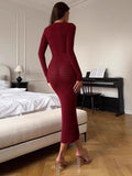 IFOMT TRAUXY Sexy Hollow Knitted Dress For Women Long Sleeve Plunge Crocheted High Street Angora Red Bodycon Dress Lady Autumn Fashion