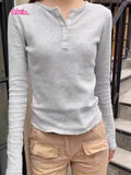 Ifomt Waffle Long Sleeve Women T-shirts Round Neck Five Button Gray Y2K Top Woman Cotton Blend Solid Color Basic Casual Female Tees