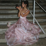 Ifomt OEING Ethereal A-Line Pink Evening Dresses Spaghetti Strap Tiered Sleeveless Party Gowns Floor Length Prom Dresses Customized