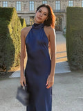 Ifomt Women's Sexy Satin Long Robes Round Neck Halter Lace Up Fashion Vestidos Summer Lady Sleeveless Open Back Maxi Gowns Party Dress