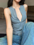 IFOMT Solid Ribbed Zipper Tank Top Women Street Basic Skinny Elastic Sleeveless Tops Low Cut Sexy Crop Top Y2k Clothing Tee Shirts