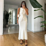 IFOMT Party Otufit Elegant Women 2 Piece Set Knit O-Neck Sleeveless Single Breasted Vest Top Elastic High Waist Maxi Skirt 2025 New In Matching Set