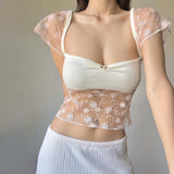 IFOMT Outfit Sexy Lace Patchwork Aesthetic Kawaii Sweet T Shirt Women Summer Fashion Short Sleeve Crop Tops Y2K Female Street