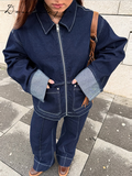 Ifomt Patchwork Denim Jackets Pants Sets Women Baggy Lapel Zipper Pocket Top Straight Leg Pants 2025 Spring Casual Street Female Suits