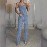 Ifomt Rhinestones Denim Vest Jeans Set Women Slim Sleeveless Strapless Empire Waist Zipper Pocket Pencil Trouser 2025 Summer Lady Suit