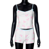 IFOMT Outfit Y2K Contrast Printed Spliced Bow Crop Tank Top Shorts Set Women Camis Pants Slim Leisure Suit Hottie Balletcore Outfits