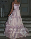 Ifomt OEING Ethereal A-Line Pink Evening Dresses Spaghetti Strap Tiered Sleeveless Party Gowns Floor Length Prom Dresses Customized