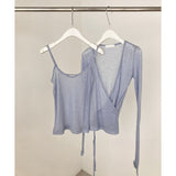 Ifomt Sweet Solid Thin Slightly Transparent Two-piece Suit Women Casual Sexy Slim Long Sleeve Cardigan + Suspenders Vintage Chic Tops