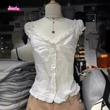 Ifomt Sweet New T-shirt For Women Ballet Style White Sleeveless Ruffled Short-sleeved T-shirt For Women Lace Slim Cardigan Tank Top