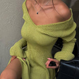 IFOMT Autumn Winter Sweater Dress Sexy Off-Shoulder Women's A-Line Hem Elegant Rib Knit Mini Dresses Long Sleeve Higt WaistedChristmas Gifts