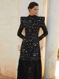 Ifomt Elegant Hollowed Lace Maxi White Dress Women Fashion Mock Neck Long Sleeved Shoulder Padded Robes 2025 Evening Women's Clothing