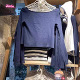 Ifomt Solid Ribbed Long Sleeve T Shirt Women 2025 Spring Cotton Sexy Slash Neck Tees Tops Harajuku Streetwear Slim Crop Top Y2k Tshirt