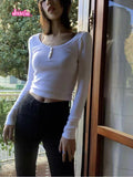 Ifomt Chic Floral Hollow Out Slim Tops Women Summer Sweet Cute Ribbed Cotton Long Sleeve T-shirt Femme Simple Casual Button Crop Top
