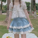 IFOMT Kawaii Lace Skirt Cute Hot Girl Clothing Summer Cake skirt Casual Loose Korea Blue 2000s Sweet Women Skirts Low-waist Y2k Skirts