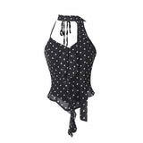 IFOMT Summer Camisole Slim Vest Sexy Women Sleeveless Perspective V-Neck Ribbon Tank Top Female Solid Black Polka Dots Crop Tops Y2k