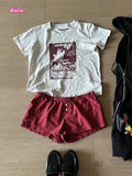 Ifomt Retro 77 Letter Print Short Sleeve Tees T-shirts And Red Plaid Shorts Two Piece For Women Casual Y2K Tops Pant Chic Summer Suit
