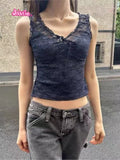 Ifomt Light Blue Lace Hollow Out Female Tank Transparent Sexy Mesh Summer Vest 2025 Solid Perpetive Y2K Tight Sleeveless Tops Women
