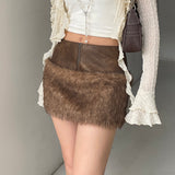 IFOMT Spring Outfits Wild Fashion Zipper Pu Patchwork Faux Fur Women’s Skirts Chic Sexy Skinny Mini Leather Skirt Gyaru