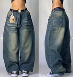 Ifomt American Y2K New Fashion Pattern Embroidery Loose Jeans Men Street Casual Joker Mopping Oversized Wide-leg Pants Couple Jeans Casual Outfit
