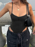 IFOMT Spring Outfits Sweetown Sleeveless Skinny Shirring Skinny Sexy Spaghetti Strap Bodysuit For Women Black Solid Simple Basic Vacation Camisole