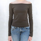 Ifomt Vintage Solid Slim T-shirt Women Autumn Sexy Shoulder Out Long Sleeve Tee Shirt Female Retro Streetwear Cotton T Shirt Tops 2025