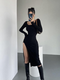 IFOMT Ribbed Solid Long Sleeve Square Neck Mid Length Dress Sexy Side Slit Evening Party Elegant Vestido  Ladies Dresses Bodycon