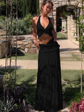 Ifomt Sexy V Neck Solid Color Halter Tops Suit Women Elegant Pleat High Waist Midi Skirt 2pcs Set New Summer Lady Vocation Beach Robes