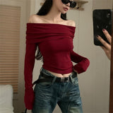 IFOMT Sexy Tops Off Shoulder Long Sleeve Crop Top Women's Autumn/Winter 2024 New Spicy Girl Slim Fit Short Red T-shirt