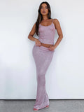 Ifomt Fashion Solid Sequin Spaghetti Strap Top 2 Piece Set Chic Sleeveless High Waist Long Skirt Suit New Lady Party Club Outfits 2025