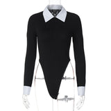 IFOMT Polo Collar Sexy Slim Bodysuits For Women Long Sleeve Waist Hollow One-Piece Bottoming Top Contrast Color Autumn Fashion