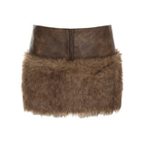 IFOMT Spring Outfits Wild Fashion Zipper Pu Patchwork Faux Fur Women’s Skirts Chic Sexy Skinny Mini Leather Skirt Gyaru