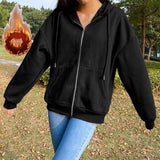 IFOMT Winter Sweatshirt Hoodie Oversize Fleece Hooded Cardigan Black White Women Clothes Solid Zip Up Hoodies Tops Long Sleeves