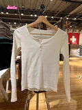 Ifomt Chic Hollow Out Pink Long Sleeve T-Shirt Summer Round Neck Buttons Cotton Slim Sexy Top for Woman Vintage Sweet Cute Y2k Tops