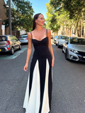 Ifomt 2025  Summer Elegant Contrast Patchwork Lady Spaghetti Strap Maxi Dress Backless Sleeveless High Waist A-line Robe Party Dresses