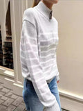 Ifomt Grey Striped Semi High Neck Zipper Long Sleeved Knitted Sweater For Women Loose Casual Fall Winter Pullovers Top Y2K Street New