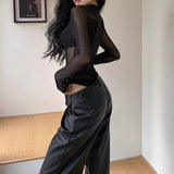 Ifomt Sexy Perspective Y2k Clothing Hollow Out Bodysuits Mesh Sheer Top Women Long Sleeve Patchwork Bodysuit Black Spring Style 2025
