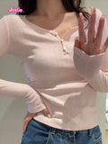 Ifomt Chic Floral Hollow Out Slim Tops Women Summer Sweet Cute Ribbed Cotton Long Sleeve T-shirt Femme Simple Casual Button Crop Top