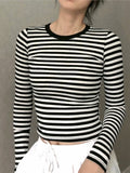 Ifomt Women's Brown Striped Cotton T-Shirt V Neck Slim Long Sleeve Tee Tops Female Streetwear Vintage Y2K Spring Autumn Woman Tshirt