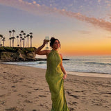 Ifomt Chic Green Halter Maxi Dress For Women Fashion Sleeveless Backless Party Dresses New Female 2025 Summer Holiday Beach Vestidos