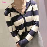 Ifomt Navy Blue Stripe Zipper Knitting Hoodie Slim Sweet Winter Sweater Cotton Blend Pocket Women Jackets Autumn Tops 2025 New